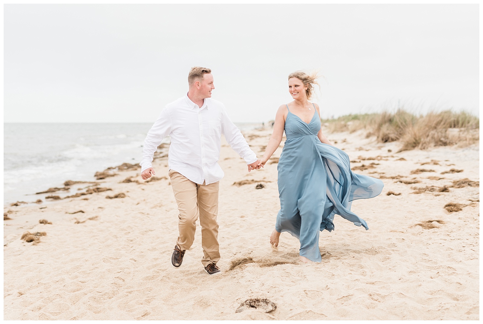 Bethel Beach Natural Area Engagement session walking on beach