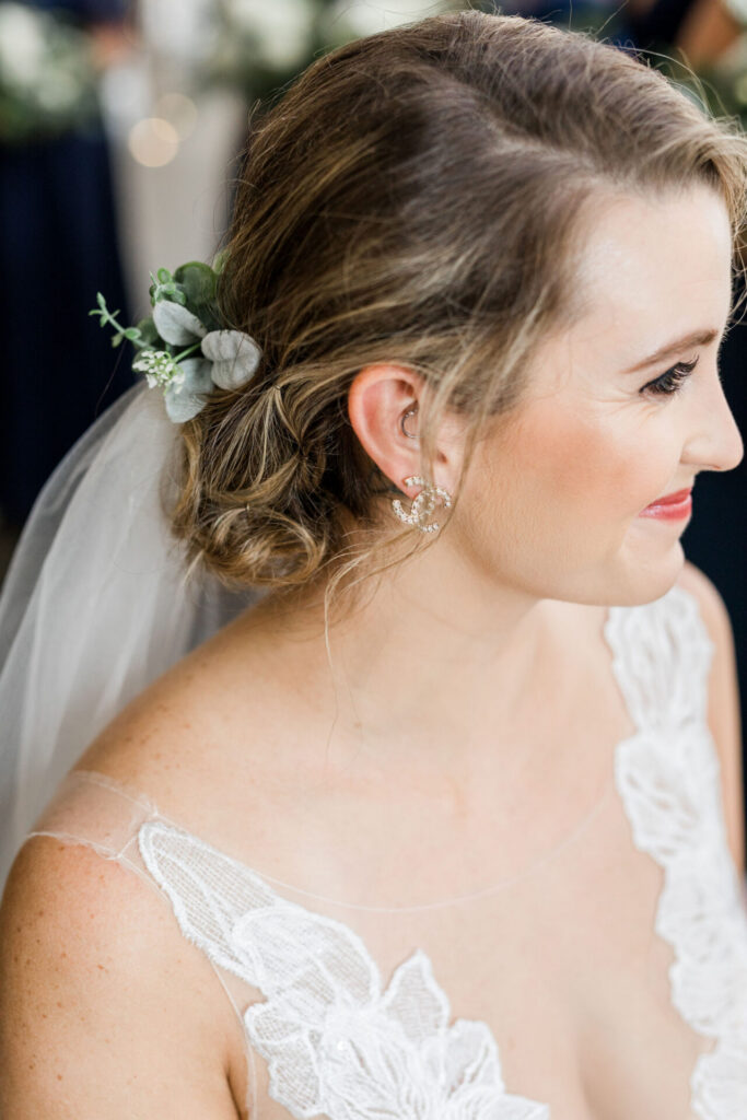 wedding hair style and Chanel earrings in Quirk Hotel Richmond