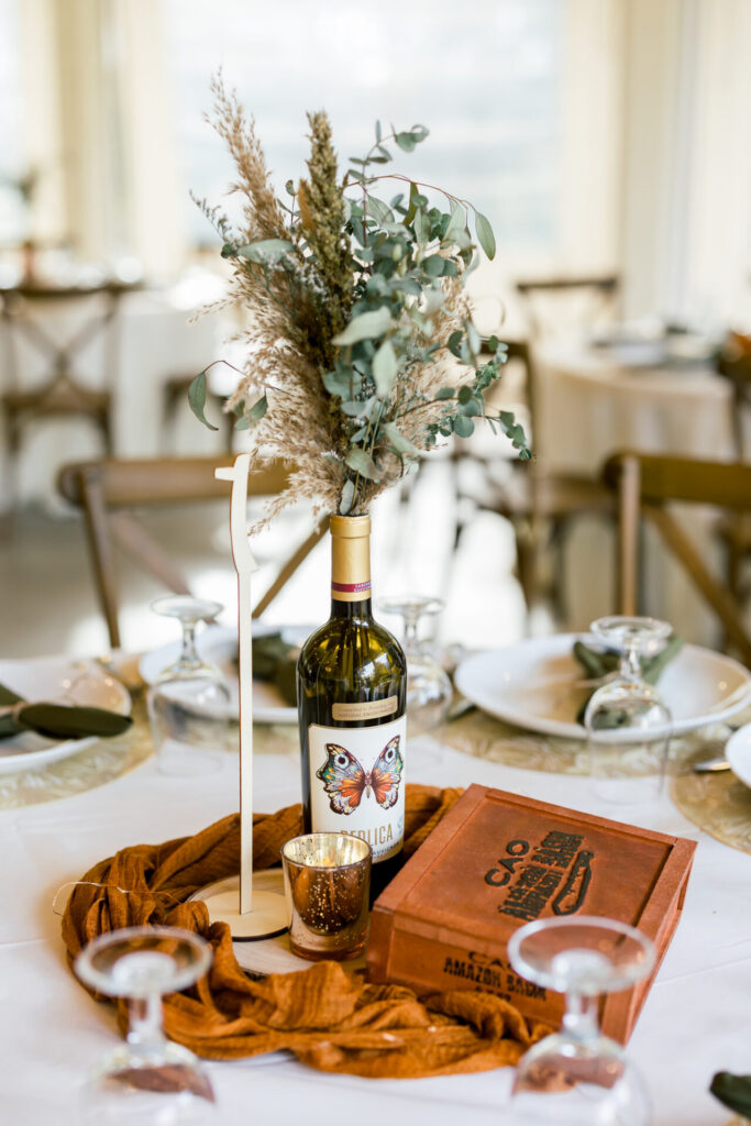 wine bottle centerpiece wedding reception decor Seven Springs VA