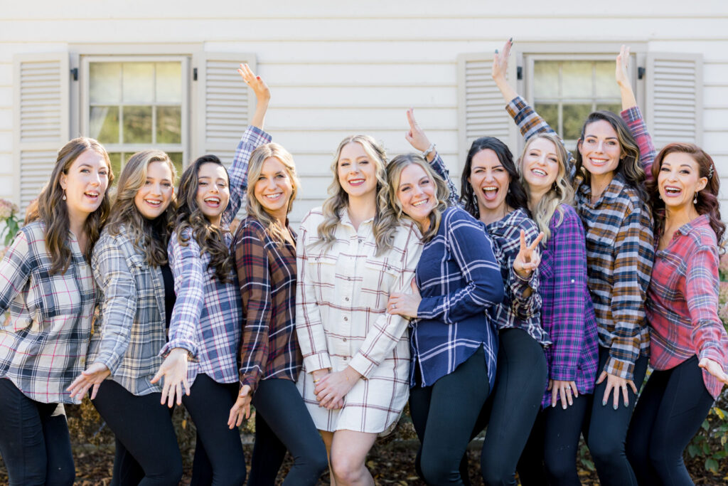 bride and bridesmaids flannel pajama photo outside Seven Springs Richmond Va Wedding